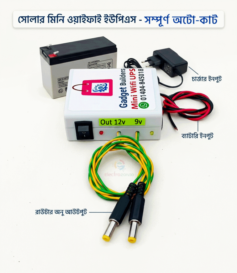 Electrozonbd Solar System Mini UPS| Automatic Backup UPS for WiFi Router & ONU Short Description Mini WiFi UPS 9V/12V হলো WiFi Router ও ONU-এর জন্য একটি Automatic Backup Power Solution। বিদ্যুৎ থাকলে এটি সরাসরি 9V/12V DC Charger থেকে ডিভাইস চালাবে এবং বিদ্যুৎ চলে গেলে Automatic ভাবে Battery Backup-তে কানেক্ট হয়ে Router/ONU চালু রাখবে। Key Features: • (9V & 12V) or (12v & 12v) Router/ONU Support • Automatic Power Backup • Separate Charger & Battery Input • WiFi Router & ONU Compatible • Load Shedding-এর সময় Continuous Internet Backup • Compact & Easy to Use Full Product Description Mini WiFi UPS 9V/12V – Automatic Router & ONU Backup বিদ্যুৎ চলে যাওয়ার কারণে WiFi Router বা ONU বন্ধ হয়ে গেলে ইন্টারনেট কানেকশনও বন্ধ হয়ে যায়। এই Mini WiFi UPS 9V/12V ব্যবহার করে খুব সহজেই এই সমস্যার সমাধান করতে পারবেন। এটি এমনভাবে কাজ করে যে, বিদ্যুৎ থাকা অবস্থায় Charger থেকে সরাসরি আপনার Router/ONU চালাবে এবং Battery চার্জ করবে। আর বিদ্যুৎ চলে গেলে কোনো Manual Switch করার প্রয়োজন নেই—UPS নিজে থেকেই Battery Backup-এ চলে যাবে এবং Router/ONU চালু রাখবে। কীভাবে ব্যবহার করবেন? 1️⃣ Charger Connection: আপনার Router/ONU-এর যে 9V অথবা 12V DC Charger ব্যবহার হয়, সেটি UPS-এর উপযুক্ত 9V/12V Charger Input-এ কানেক্ট করবেন। 2️⃣ Battery Connection: UPS-এর Battery Input-এ একটি compatible rechargeable battery pack কানেক্ট করতে হবে। এখানে Red wire = Positive (+) এবং Black wire = Negative (-) 3️⃣ Router/ONU Connection: UPS-এর Output থেকে আপনার Router অথবা ONU-এর DC Input-এ সঠিক 9V বা 12V Output কানেক্ট করবেন। 4️⃣ Automatic Backup: সবকিছু সঠিকভাবে কানেক্ট করার পর বিদ্যুৎ থাকলে Router/ONU Charger থেকে চলবে এবং বিদ্যুৎ চলে গেলে UPS automatically Battery থেকে power supply দেবে, ফলে Router/ONU বন্ধ হওয়ার সম্ভাবনা কমে যাবে। ⚠️ গুরুত্বপূর্ণ সতর্কতা • আপনার Router/ONU-এর Input Voltage অবশ্যই 9V বা 12V কিনা আগে নিশ্চিত করুন। • 9V ডিভাইসে 12V এবং 12V ডিভাইসে 9V ব্যবহার করবেন না। • Battery-এর Voltage ও Polarity সঠিকভাবে নিশ্চিত করে কানেক্ট করুন। • ভুল Polarity বা ভুল Voltage ব্যবহার করলে Router/ONU অথবা UPS ক্ষতিগ্রস্ত হতে পারে। SEO Tags mini wifi ups, wifi router ups, router ups 9v 12v, mini ups 9v 12v, onu ups, onu backup ups, wifi ups bd, router backup power, automatic router ups, mini ups bangladesh, 9v ups, 12v ups, wifi router backup, fiber router ups, onu backup, router battery backup, dc mini ups, mini ups for router, router ups price bd, rechargeable router ups, Best Solar UPS in Bangladesh, Electrozonbd Solar System, electrozonbd