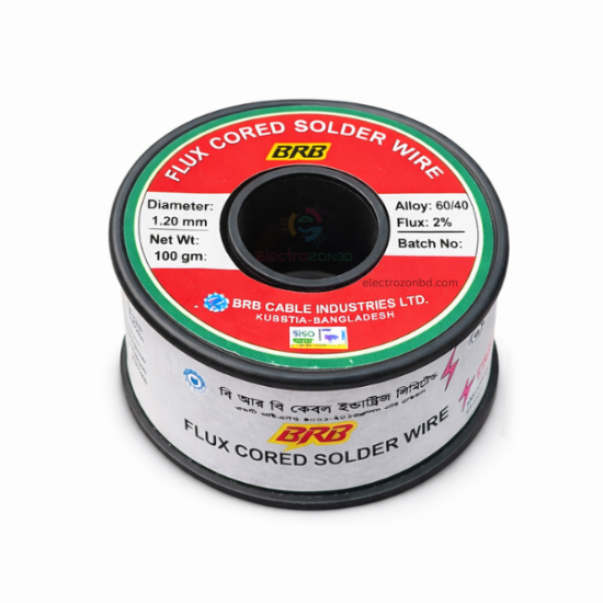 BRB Flux Cored Solder Wire 1.20mm 100g | 60/40 Alloy Electronics Solder BRB Flux Cored Solder Wire 1.20mm একটি উচ্চমানের 60/40 alloy solder wire, যা electronics repair ও DIY soldering কাজের জন্য আদর্শ। এতে 2% flux থাকায় solder দ্রুত গলে এবং joint মজবুত ও পরিষ্কার হয়।