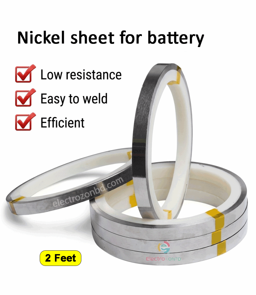 Nickel Strip for 18650 Lithium Battery (0.1×6mm) High-quality Nickel Strip (0.1×6mm) from ElectrozonBD for 18650 lithium battery and battery pack making. Perfect for spot welding with low resistance and strong conductivity. This Nickel Strip 0.1×6mm from ElectrozonBD is perfect for lithium battery pack making and spot welding. It provides strong connection, low resistance, and reliable performance for all types of battery projects. Whether you are a DIY user or professional, ElectrozonBD ensures quality materials for your 18650 lithium ion battery work. ________________________________________ ⚡ Key Features • ✔ High conductivity nickel strip by ElectrozonBD • ✔ Easy and strong spot welding • ✔ Low resistance, better efficiency • ✔ Durable and long-lasting • ✔ Perfect for battery pack making Trusted quality from ElectrozonBD for all your electronic needs. ________________________________________ Nickel Strip, lithium battery, spot welding,, battery pack making, 18650 battery, nickel strip 0.1x6m, battery welding strip, lithium ion battery, nickel sheet, electrozonbd