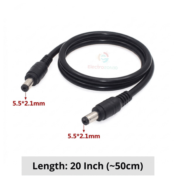 DC 5.5×2.1mm Male to Male Extension Cable 12V DC Power Cable 50cm DC 5.5×2.1mm Male to Male Power Extension Cable for Mini UPS, Router, CCTV Camera, DVR, LED Strip and other DC-powered devices. Features standard 5.5×2.1mm male connectors, flexible PVC cable and approximately 50cm (20-inch) length for convenient DC power connection and extension. DC 5.5×2.1mm Male to Male Power Extension Cable This DC 5.5×2.1mm Male to Male Extension Cable is designed for extending and connecting compatible DC power connections in Mini UPS, WiFi Router, CCTV Camera, DVR, LED Strip, Home Security Camera and other low-voltage electronics. Both ends feature standard 5.5mm outer diameter × 2.1mm inner diameter DC male barrel connectors, making it suitable for devices and power sources that use a matching 5.5×2.1mm female DC socket. This connector size is commonly used for routers, CCTV equipment, LED lighting and various DC electronics. Key Features • Connector: DC 5.5×2.1mm Male to Male • Cable Length: Approx. 50cm / 20 Inch • Color: Black • Cable Type: DC Power Extension Cable • Wire: 18AWG copper-core cable • Outer Jacket: Flexible and durable PVC • Quantity: 1 Piece • Suitable for many 12V DC power applications ________________________________________ ✅ SEO Tags dc male to male cable, dc 5.5x2.1mm cable, 5.5x2.1mm male to male cable, dc power extension cable, 12v dc cable, dc power cable, 5.5mm 2.1mm cable, router power cable, mini ups cable, mini ups dc cable, cctv power cable, cctv camera cable, dvr power cable, led strip power cable, dc barrel cable, male to male dc cable, 50cm dc cable, 18awg dc cable, router dc connector, electrozonbd