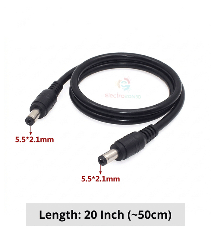 DC 5.5×2.1mm Male to Male Extension Cable 12V DC Power Cable 50cm DC 5.5×2.1mm Male to Male Power Extension Cable for Mini UPS, Router, CCTV Camera, DVR, LED Strip and other DC-powered devices. Features standard 5.5×2.1mm male connectors, flexible PVC cable and approximately 50cm (20-inch) length for convenient DC power connection and extension. DC 5.5×2.1mm Male to Male Power Extension Cable This DC 5.5×2.1mm Male to Male Extension Cable is designed for extending and connecting compatible DC power connections in Mini UPS, WiFi Router, CCTV Camera, DVR, LED Strip, Home Security Camera and other low-voltage electronics. Both ends feature standard 5.5mm outer diameter × 2.1mm inner diameter DC male barrel connectors, making it suitable for devices and power sources that use a matching 5.5×2.1mm female DC socket. This connector size is commonly used for routers, CCTV equipment, LED lighting and various DC electronics. Key Features • Connector: DC 5.5×2.1mm Male to Male • Cable Length: Approx. 50cm / 20 Inch • Color: Black • Cable Type: DC Power Extension Cable • Wire: 18AWG copper-core cable • Outer Jacket: Flexible and durable PVC • Quantity: 1 Piece • Suitable for many 12V DC power applications ________________________________________ ✅ SEO Tags dc male to male cable, dc 5.5x2.1mm cable, 5.5x2.1mm male to male cable, dc power extension cable, 12v dc cable, dc power cable, 5.5mm 2.1mm cable, router power cable, mini ups cable, mini ups dc cable, cctv power cable, cctv camera cable, dvr power cable, led strip power cable, dc barrel cable, male to male dc cable, 50cm dc cable, 18awg dc cable, router dc connector, electrozonbd