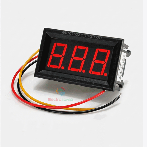 Mini Digital Voltmeter DC 3-30V 3 Digits LED Panel Meter ✅ Short Description DC 3-30V Digital Voltmeter with a clear 3-digit LED display for accurately monitoring DC voltage. Ideal for 12V/24V batteries, power supplies, solar systems, Mini UPS, automotive and DIY electronics projects. ✅ Long Description DC 3-30V 3-Wire Digital Voltmeter is a compact panel meter designed for monitoring DC voltage with a clear 3-digit LED display. It is suitable for batteries, power supplies, solar systems, Mini UPS, automotive applications and various DIY electronics projects. Key Features: • DC Voltage Measurement: 0-99V • Operating Voltage: DC 4-30V • 3-Wire Connection • Clear 3-Digit LED Display • Compact panel-mount design • Easy to install and use • Ideal for battery and power monitoring Applications: 12V/24V battery monitoring, solar systems, Mini UPS, DC power supplies, automotive projects, DIY electronics and control panels. Note: Do not exceed the specified voltage range to avoid damaging the meter. SEO Slug DC Voltmeter, 0-100V Voltmeter, Digital Voltmeter, DC Voltage Meter, LED Voltmeter, Digital Panel Meter, 100V Digital Voltmeter, Battery Voltage Meter, 12V Voltmeter, 24V Voltmeter, Mini UPS Voltmeter, DC Panel Meter, electrozonbd